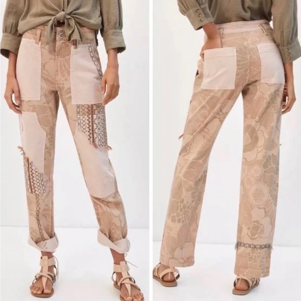 Anthropologie Pink Embroidered Patterned Straight Leg Jeans Size 27P